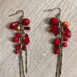Red and gold statement chandelier long earrings